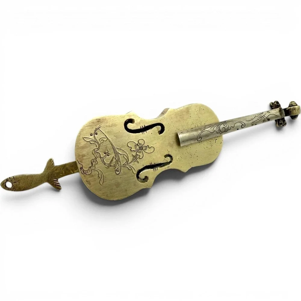 Chinese Folk Art Violin Padlock W/Key Engraved Brass Huaqi Rare 1980s